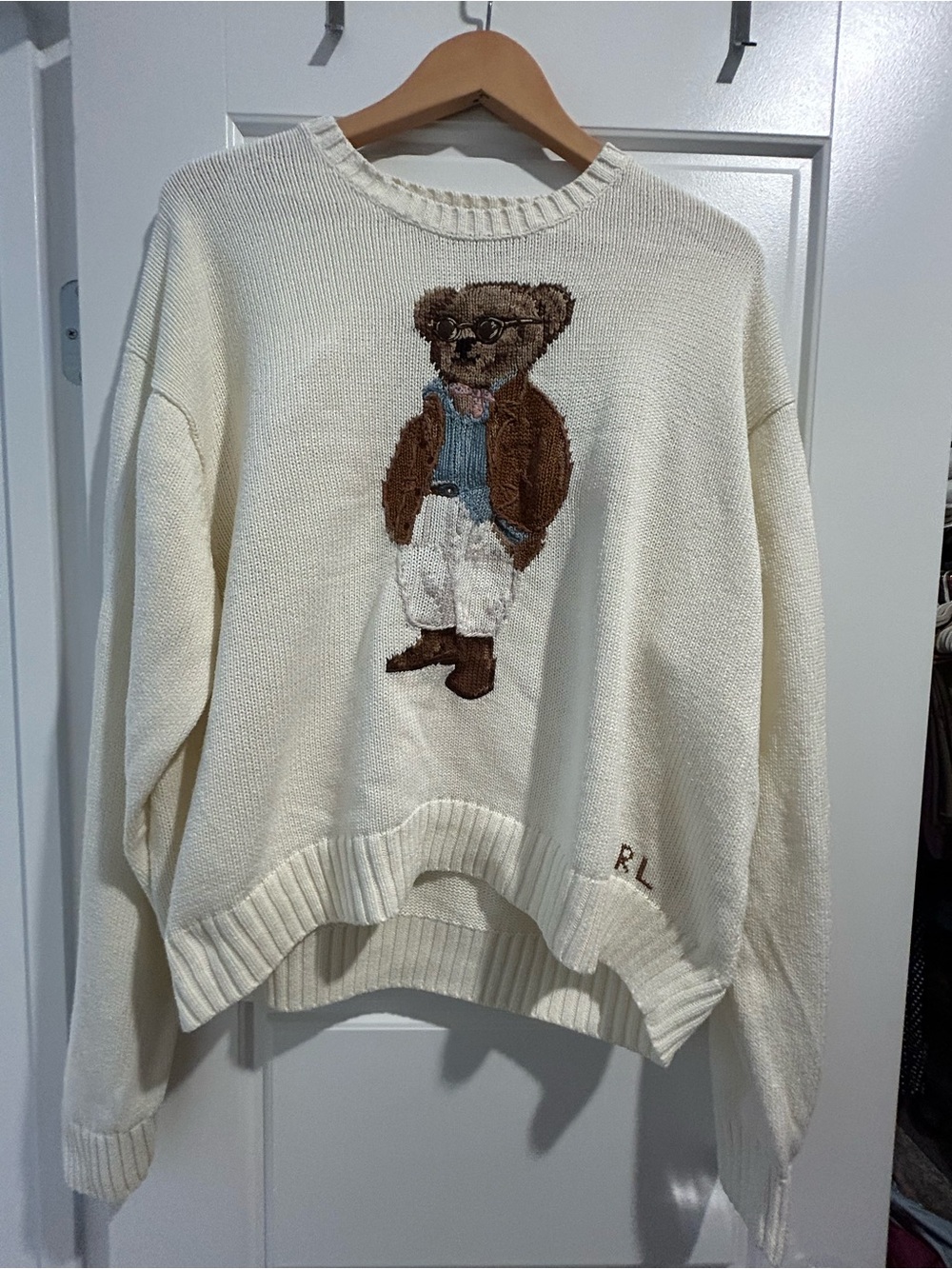 Ralph Lauren Cream Bear-Front Crewneck Sweater with Brown Accent